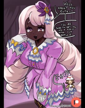 2girls ascot breasts brown_hair dark-skinned_female dark_skin dress english_text fascinator fishnet_pantyhose fishnets frilled_ascot frills glove_bow gloves green_jacket harmony_(pokemon) hat highres jacinthe_(pokemon) jacket juliet_sleeves large_breasts long_hair long_sleeves looking_at_viewer low_drills mega_stone moxydraws multiple_girls nintendo open_clothes open_jacket open_mouth pantyhose pokemon pokemon_legends:_z-a puffy_sleeves purple_dress purple_eyes purple_hair shirt short_hair smile solo_focus speech_bubble very_dark_skin white_gloves white_hat white_shirt