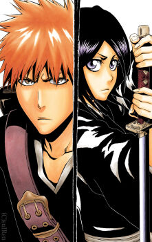 1boy 1girl black_hair bleach brown_eyes commentary_request frown highres holding holding_sword holding_weapon japanese_clothes katana kuchiki_rukia kurosaki_ichigo medium_hair official_style orange_hair purple_eyes serious shihakusho split_screen suirennnn sword weapon