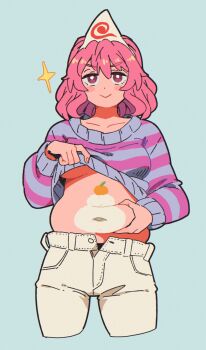 Rule 34 | 1girl, belly grab, clothes lift, commentary request, fat, fat woman, highres, jean (jean sp), looking at viewer, midriff, navel, pants, pink eyes, pink hair, saigyouji yuyuko, short hair, smile, solo, touhou, triangular headpiece, white pants