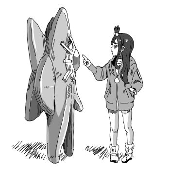 1girl alien cube_hair_ornament gen_1_pokemon hair_ornament hellfire00001 highres hood hood_down hoodie leggings lida_(pokemon) long_hair long_legs long_sleeves mega_pokemon mega_ring mega_starmie monochrome nintendo no_eyes pokemon pokemon_(creature) pokemon_legends:_z-a starfish starmie topknot wispy_bangs