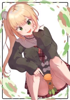 1girl absurdres between_thighs black_border blonde_hair blush border cardigan collar fang ff1486902807 frilled_collar frills green_eyes hair_ornament hand_on_own_face highres hololive long_hair looking_at_another momosuzu_nene momosuzu_nene_(casual) neckerchief nekko_(momosuzu_nene) official_alternate_costume official_alternate_hairstyle open_mouth outside_border panties plaid_clothes plaid_neckerchief plaid_skirt pom_pom_(clothes) pom_pom_hair_ornament red_neckerchief red_skirt sailor_collar side_ponytail sidelocks sitting skin_fang skirt smile underwear virtual_youtuber white_sailor_collar