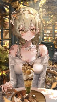 1girl alternate_costume alternate_hairstyle autumn autumn_leaves bare_shoulders blonde_hair braid breasts cleavage closed_mouth commentary dress flower genshin_impact hair_between_eyes hair_flower hair_ornament highres ice_cream_cone jewelry large_breasts leaf long_sleeves looking_at_viewer lumine_(genshin_impact) necklace outdoors short_hair_with_long_locks sitting smile solo spoon twin_braids utsuhostoria white_dress white_flower yellow_eyes