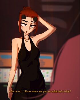 Rule 34 | 1girl, arm behind head, black dress, blurry, blurry background, breasts, brown eyes, commentary, cowboy shot, dress, english commentary, english text, highres, horns, looking at viewer, open mouth, original, red hair, shibansfw, short hair, sleeveless, sleeveless dress, small breasts, solo, talking