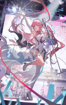 Rule 34 | 1girl, absurdres, aemeath (wuthering waves), ahoge, arm up, armpits, asymmetrical footwear, boots, breasts, cha zhi (dmrm7487), chinese commentary, commentary request, elbow gloves, gloves, hair ornament, high heel boots, high heels, highres, holding, holding microphone stand, indoors, leotard, long hair, looking at viewer, medium breasts, microphone stand, open mouth, orange eyes, pink hair, ponytail, showgirl skirt, skirt, smile, solo, stage, star-shaped pupils, star (symbol), symbol-shaped pupils, thighs, uneven footwear, very long hair, white boots, white gloves, white leotard, white skirt, wuthering waves