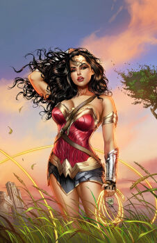 1girl absurdres arm_behind_head armlet artist_logo black_hair breasts brown_eyes circlet cleavage cloud day dc_comics grass highres holding_lasso jewelry lasso lasso_of_truth logo long_hair looking_at_viewer mike_krome outdoors parted_lips red_lips solo strapless superhero_costume tree vambraces wonder_woman wonder_woman_(series)