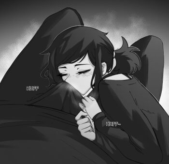 1boy 1girl andrew_graves_(the_coffin_of_andy_and_leyley) ashley_graves black_hair blush brother_and_sister bulge closed_eyes english_text erection erection_under_clothes highres huffing incest luxu monochrome ponytail short_hair siblings smelling smelling_penis the_coffin_of_andy_and_leyley
