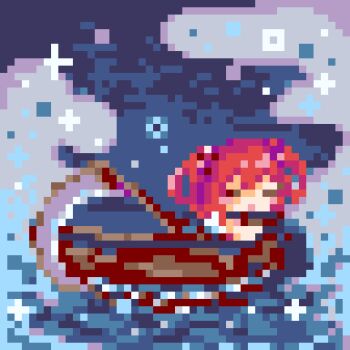 Rule 34 | 1girl, boat, closed eyes, commentary request, full body, onozuka komachi, pii 614, pixel art, red hair, scythe, short hair, solo, touhou, two side up, water, watercraft