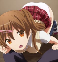 Rule 34 | 1boy, 1girl, black pants, black socks, brown eyes, brown hair, chuunibyou demo koi ga shitai!, commentary request, commission, dress shirt, frown, hair ornament, hairclip, hetero, icho private high school uniform, kneeling, komatsu (sakanae), lace, lace-trimmed panties, lace trim, leaning forward, long hair, looking at viewer, miniskirt, nibutani shinka, on floor, one side up, open mouth, panties, pants, pantyshot, partial commentary, pixiv commission, plaid, plaid skirt, pleated skirt, pov, red skirt, school uniform, shirt, shoes, short sleeves, sitting, skirt, socks, sweater vest, underwear, uwabaki, v-neck, white footwear, white panties, white shirt, wing collar, yellow sweater vest