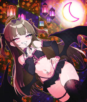 :d absurdres ahoge bare_shoulders black_bow bow brown_hair choker commentary crescent earrings english_commentary fang flat_chest frilled_choker frills grin hair_ornament happy_halloween heart highres jamilsaga jewelry legband low_wings mesugaki midriff miniskirt navel_piercing open_mouth original piercing pubic_tattoo purple_bow purple_eyes skirt smile striped_bow tattoo teeth thick_thighs thighhighs thighs twintails two-tone_bow wings