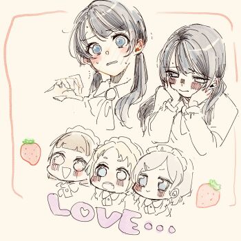 4girls blonde_hair blue_eyes blush brown_hair center-flap_bangs ceras_yanagida_lilienfeld cho_toutoi_love~ collared_shirt commentary_request embarrassed food fruit grey_hair hands_on_own_cheeks hands_on_own_face highres ichigo_123_(love_live!) kachimachi_kosuzu link!_like!_love_live! love_live! maid maid_headdress multiple_girls murano_sayaka muted_color nose_blush official_alternate_costume open_mouth osawa_rurino parted_lips raised_inner_eyebrows ruri&amp;to_(love_live!) shin_(shnnnnrn1) shirt simple_background strawberry virtual_youtuber white_background