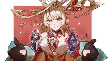 1boy 3girls albedo_(genshin_impact) alice_(genshin_impact) black_gloves black_hair blonde_hair breasts commentary cowlick detached_sleeves dress elf english_commentary genshin_impact gloves hair_between_eyes hat highres j_zhen long_hair mona_(genshin_impact) mona_(pact_of_stars_and_moon)_(genshin_impact) mother_and_daughter multiple_girls official_alternate_costume parody pointy_ears red_hat side_ahoge smile twintails witch_hat