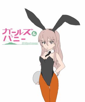 Rule 34 | 1girl, animal ears, artist request, black necktie, breasts, frown, girls und panzer, girls und panzer little army, grey eyes, grey hair, holding, holding tray, leotard, long hair, necktie, orange pantyhose, pantyhose, pink eyes, pink hair, playboy bunny, rabbit ears, sheska (girls und panzer), strapless, strapless leotard, translation request, tray