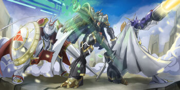 Rule 34 | alphamon, armor, attack, cannon, cape, digimon, digimon (creature), dukemon, full armor, highres, horns, lance, omegamon, polearm, royal knights, shield, weapon