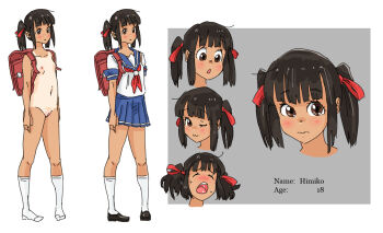 Rule 34 | 1girl, :3, backpack, bag, black hair, blush, brown eyes, reference sheet, clothes on and off, female focus, flat chest, hair ribbon, kiriririn, miniskirt, multiple views, naked randoseru, navel, nipples, nude, one-piece tan, one eye closed, open mouth, original, pleated skirt, puffy nipples, pussy, randoseru, ribbon, school uniform, serafuku, short twintails, simple background, skirt, socks, standing, tan, tanline, twintails, white background, wink, yawning