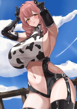 1girl :o animal_ears animal_print armpits arms_up azur_lane bare_shoulders bell bikini black_gloves black_shorts black_thighhighs blue_sky blush breasts brown_eyes brown_hair cloud commentary cow_ears cow_horns cow_print cow_print_bikini cow_print_gloves cowbell cowboy_shot cowpens_(azur_lane) curvy day drill_hair drill_sidelocks elbow_gloves fake_horns fence garter_straps gloves hair_between_eyes highres horns horns_pose huge_breasts large_breasts looking_at_viewer mole mole_under_eye navel neck_bell open_mouth outdoors print_bikini print_gloves railing shorts sideboob sideless_outfit sidelocks skindentation sky solo standing stomach swimsuit thighhighs thighs tkaki wooden_fence