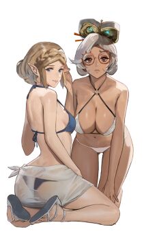 2girls ass bikini blonde_hair braid breasts cleavage crown_braid eyeshadow eyewear_on_head glasses green_eyes hair_bun hair_ornament hair_stick highres j@ck large_breasts looking_at_viewer makeup multiple_girls nintendo o-ring o-ring_bikini parted_bangs pointy_ears princess_zelda purah red-framed_eyewear red_eyes red_eyeshadow round_eyewear sarong sheikah short_hair simple_background swimsuit the_legend_of_zelda the_legend_of_zelda:_tears_of_the_kingdom white_hair