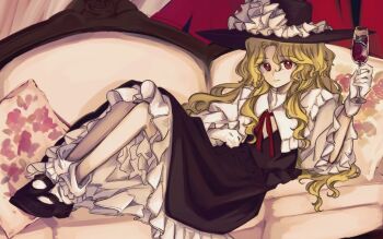 1girl ankle_socks black_shoes blonde_hair brown_hair brown_skirt brown_vest closed_mouth commentary_request couch cup dolls_in_pseudo_paradise drinking_glass frilled_hat frilled_sleeves frills full_body gloves happy hat jacket_girl_(dipp) juliet_sleeves long_hair long_sleeves looking_at_viewer mary_janes neck_ribbon pillow puffy_sleeves red_eyes red_ribbon ribbon shoes skirt smile socks solo touhou uzumibi very_long_hair vest wavy_hair white_gloves white_socks wine_glass