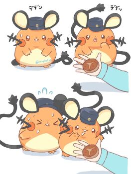 Rule 34 | > <, 1other, animal focus, buck teeth, closed eyes, closed mouth, commentary request, cookie, dedenne, drooling, food, gen 6 pokemon, guard, hat, holding, holding food, kana (maple926), long sleeves, nintendo, open mouth, pokemon, pokemon (creature), pokemon focus, pokemon legends: z-a, saliva, security guard, simple background, sweatdrop, teeth, whiskers