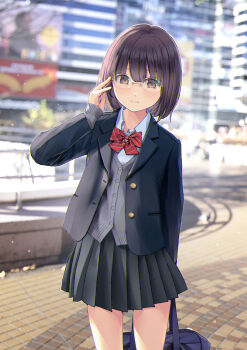 1girl absurdres adjusting_eyewear bag black_hair black_jacket black_skirt blazer blue_bag blurry blurry_background bob_cut bow bowtie brown_eyes building buttons cardigan chikuwa_(odennabe) city closed_mouth collared_shirt commentary_request cowboy_shot day diagonal-striped_bow diagonal-striped_bowtie diagonal-striped_clothes glasses grey_cardigan hand_up highres holding holding_bag jacket lapels looking_at_viewer notched_lapels open_clothes open_jacket original outdoors pavement pleated_skirt railing red_bow red_bowtie rimless_eyewear school_bag school_uniform shirt short_hair skirt sleeves_past_wrists solo standing striped_bow striped_bowtie striped_clothes sunlight unbuttoned white_shirt