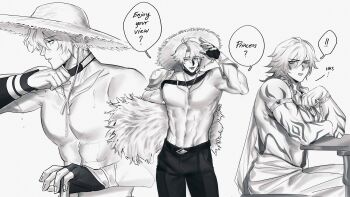 Rule 34 | !, !!, 2boys, abs, absurdres, antenna hair, arm tattoo, armlet, black gloves, blush, bracelet, chest tattoo, english text, fingerless gloves, fingernails, gloves, gradient hair, greyscale, hashtag-only commentary, hat, highres, holding wheat, honkai: star rail, honkai (series), jewelry, male focus, monochrome, multicolored hair, multiple boys, multiple views, muscular, muscular male, mydei (honkai: star rail), navel, no nipples, pants, pectorals, porlarisart, simple background, sitting, speech bubble, spoken exclamation mark, straw hat, sun symbol, sun tattoo, sweat, tan, tattoo, topless male, white background, yaoi