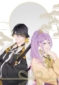 2boys black_kimono blue_eyes closed_mouth commentary_request facial_hair fingernails goatee_stubble hachisuka_kotetsu hair_between_eyes japanese_clothes kimono long_sleeves male_focus multiple_boys nagasone_kotetsu ncww_rinichi one_eye_closed ponytail purple_hair short_hair stubble sword touken_ranbu weapon wide_sleeves yellow_eyes yellow_kimono
