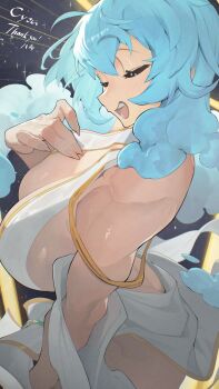1girl ass bare_shoulders blue_hair breasts character_request check_character closed_eyes commentary_request copyright_request from_side hata4564 highres large_breasts long_hair open_mouth revealing_clothes sideboob solo thank_you