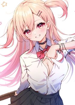 1girl black_choker black_skirt blonde_hair bow bowtie bracelet breasts choker cleavage collared_shirt dress_shirt gradient_hair grin hair_ornament hairclip highres jewelry large_breasts long_hair medium_breasts momose_nina multicolored_hair pink_hair pleated_skirt project_nebula red_bow red_bowtie red_eyes shirt skirt smile solo star_(symbol) swept_bangs toki_(toki_ship8) two_side_up virtual_youtuber white_shirt