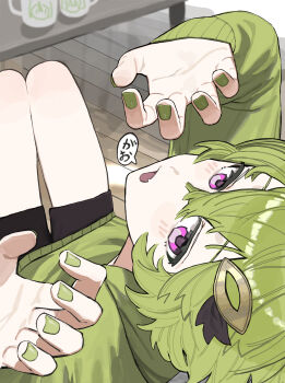 1girl absurdres black_shorts blush claw_pose collei_(genshin_impact) cup fang gao genshin_impact green_hair green_nails green_sweater hair_between_eyes hair_ornament hairclip highres long_sleeves looking_at_viewer nail_polish open_mouth purple_eyes shorts skin_fang solo speech_bubble sweater tanururi teeth tighnari_(genshin_impact) wooden_floor