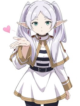 Rule 34 | 1girl, black pantyhose, capelet, closed mouth, cowboy shot, earrings, elf, frieren, green eyes, grey hair, hand up, heart, highres, jewelry, long hair, long sleeves, looking at viewer, niyane, pantyhose, parted bangs, pointy ears, shirt, simple background, skirt, solo, sousou no frieren, striped clothes, striped shirt, teardrop earrings, thick eyebrows, twintails, white background, white capelet, white shirt, white skirt