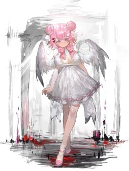 1girl bow breasts chinese_commentary cleavage cleavage_cutout closed_mouth clothing_cutout commentary_request double_bun dress dress_bow feathered_wings full_body hair_between_eyes hair_bun hair_ornament hair_ribbon heart heart_cutout heart_hair_ornament highres large_breasts neck_ribbon original pink_bow pink_eyes pink_hair pink_ribbon pink_shoes ribbon see-through_clothes see-through_thighhighs shoes sleeveless sleeveless_dress smile solo thighhighs vihua6 white_dress white_ribbon white_wings wings