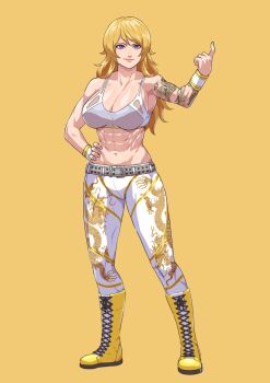 1girl abs arm_tattoo belt blonde_hair boots bra breasts cirenk cleavage commission highres index_finger_raised large_breasts long_hair midriff muscular muscular_female navel original pants purple_eyes shiny_skin simple_background sports_bra tattoo underwear wrestler wrestling_outfit wristband yellow_background