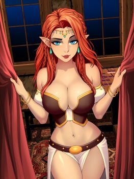 1girl blue_eyes bracelet braid breasts carpet circlet cleavage commentary curtains earrings english_commentary indoors jewelry long_hair looking_at_viewer multiple_braids navel original paid_reward_available pelvic_curtain pointy_ears red_hair revealing_clothes ronindude solo table window