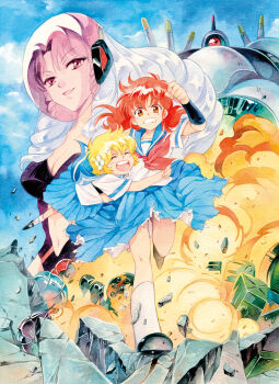 1980s_(style) 3girls agahari black_leotard black_shoes blonde_hair blue_hair blue_sailor_collar blue_sky breasts cleavage closed_eyes clothing_cutout commentary_request daitokuji_biko drill_hair explosion flower hair_flower hair_ornament helmet kotobuki_shiiko leotard long_hair looking_at_viewer magami_eiko mecha medium_breasts multiple_girls navel neckerchief oldschool open_mouth orange_eyes pink_hair pleated_skirt project_a-ko red_neckerchief retro_artstyle robot rubble running sailor_collar school_uniform serafuku shirt shoes short_hair skirt sky smile socks stomach_cutout torn_clothes torn_skirt white_flower white_shirt white_socks wristband