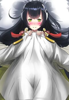Rule 34 | 1girl, black hair, blush, green eyes, hair ornament, highres, jacket, kantai collection, long hair, looking at viewer, military uniform, mizuho (kancolle), smile, tassel, white jacket