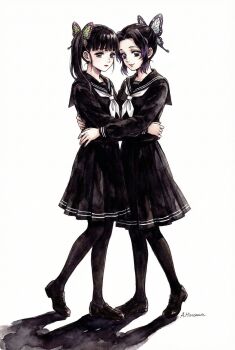 Rule 34 | 2girls, absurdres, artist name, black eyes, black hair, black pantyhose, black sailor collar, black serafuku, black shirt, black shoes, black skirt, butterfly hair ornament, closed mouth, commentary, curtained hair, english commentary, full body, hair ornament, highres, hirasawa ako, hug, kimetsu no yaiba, kochou shinobu, loafers, long hair, long sleeves, looking at viewer, multiple girls, mutual hug, neckerchief, no pupils, pantyhose, pleated skirt, sailor collar, school uniform, serafuku, shirt, shoes, short hair, side ponytail, simple background, skirt, standing, tsuyuri kanao, white background, white neckerchief, wispy bangs