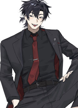1boy alternate_costume antenna_hair belt belt_buckle black_belt black_eyes black_hair black_jacket black_pants black_shirt blush buckle cheng_xiaoshi collared_shirt commentary_request ear_piercing earrings formal_clothes hair_between_eyes hand_in_pocket highres jacket jewelry long_sleeves looking_at_viewer male_focus necktie open_clothes open_jacket open_mouth pants piercing ponytail red_necktie samong shiguang_dailiren shirt short_hair short_ponytail simple_background sitting smile solo spread_legs suit suit_jacket teeth tie_clip tongue tongue_out tongue_piercing white_background