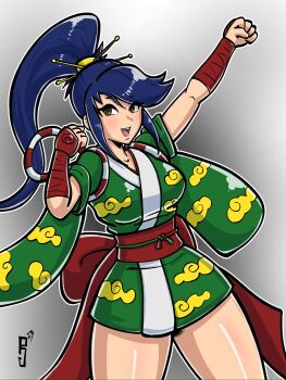 Rule 34 | 1girl, ayame (power stone), bracer, breasts, commission, commissioner upload, curvy, female focus, highres, japanese clothes, kimono, large breasts, ninja, paddy g (terrybrogard), ponytail, power stone