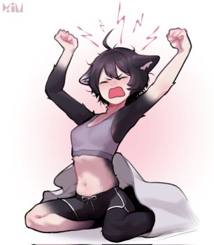 1girl animal_ears armpits breasts cat_ears cat_girl cat_tail closed_eyes dated_commentary dolphin_shorts dungeon_meshi furry furry_female grey_sports_bra highres izutsumi kimchunsik open_mouth short_hair shorts small_breasts solo sports_bra tail white_background yawning