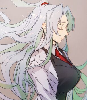 Rule 34 | 1girl, angela (project moon), black vest, blue hair, breasts, closed eyes, closed mouth, coat, collared shirt, grey background, highres, lab coat, large breasts, lobotomy corporation, long hair, long sleeves, necktie, one side up, parted bangs, project moon, red necktie, shirt, sidelocks, simple background, solo, surumenabe, upper body, very long hair, vest, white coat, white shirt, wing collar