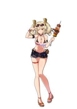 1girl absurdres alternate_costume armband bikini bikini_under_clothes black_armband blonde_hair blue_shorts blush breasts burnice_white collar collarbone commentary_request corn eyewear_on_head food full_body fur-trimmed_shorts fur_trim grin highres holding holding_skewer jewelry large_breasts looking_at_viewer meat micro_shorts midriff navel necklace one_eye_closed open-toe_shoes panties red-framed_eyewear red_eyes shadow short_twintails shorts shrimp simple_background skewer smile solo spiked_belt spiked_wristband strapless string_panties swimsuit thigh_strap tinted_eyewear tsurumaki_negi tube_top twintails underwear v white_background white_tube_top zenless_zone_zero