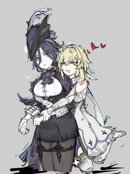 2girls absurdres ascot black_corset blonde_hair blue_ascot blue_cape blue_trim blunt_ends button_gap cape clorinde_(genshin_impact) commentary_request corset dress drill_hair drill_sidelocks epaulettes feathers flower fold-over_gloves framed_breasts genshin_impact gloves hair_between_eyes hair_flower hair_ornament hat hat_feather highres long_hair_between_eyes lumine_(genshin_impact) multiple_girls pantyhose partially_fingerless_gloves pencil_skirt purple_ascot purple_eyes romper scarf shirt short_hair_with_long_locks sidelocks skirt taut_clothes taut_shirt vision_(genshin_impact) wakoo white_dress white_flower white_romper white_scarf