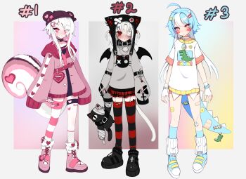 3girls absurdres adoptable ahoge animal_ears animal_hat bandaid bandaid_on_leg beanie black_boots blue_shoes blush_stickers boots closed_mouth cloud_(lufaeris) commentary english_commentary eyepatch fake_animal_ears full_body grey_shirt hair_over_one_eye hat highres jacket long_hair long_sleeves looking_at_viewer multiple_girls original parted_bangs parted_lips pink_boots pink_eyes pink_jacket red_eyes red_thighhighs shirt shoes short_hair squirrel_girl squirrel_tail striped_clothes striped_thighhighs tail thighhighs white_hair white_shirt wings