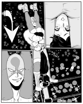 1990s_(style) 1boy 1girl absurdres bare_shoulders black_hair blush comic crying fighting final_fantasy final_fantasy_vii fingerless_gloves ghost13 gloves greyscale highres long_hair monochrome motion_lines muscular retro_artstyle ryona sequential smile sweat tears thick_thighs thighhighs thighs tifa_lockhart upside-down wrestler wrestling wrestling_outfit wrestling_ring