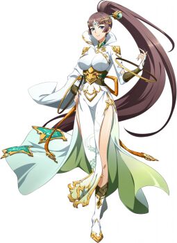 1girl azusa_(langrisser) blue_eyes boots bracelet bracer breasts bridal_gauntlets brown_hair china_dress chinese_clothes circlet closed_mouth collared_dress corset crossed_legs dress floating_clothes floating_hair forehead_jewel full_body game_cg gold_bracelet gold_trim green_corset hair_ornament hand_on_own_hip hand_up high_collar high_ponytail hoop_bracelet jewelry langrisser langrisser_mobile large_breasts light_smile long_hair long_sleeves looking_at_viewer mandarin_collar multiple_bracelets official_art parted_bangs pelvic_curtain ponytail side_slit sidelocks simple_background solo standing strap tachi-e third-party_source transparent_background very_long_hair white_boots white_dress