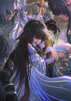 3boys 6+girls arlecchino_(genshin_impact) arm_ribbon black_hair blonde_hair bracer closed_mouth coat colored_extremities columbina_(genshin_impact) commentary corpse covered_eyes covering_own_eyes crying death detached_sleeves dress english_commentary flins_(genshin_impact) genshin_impact grey_hair hair_intakes hair_over_eyes head_wings highres hug izzycrownart jewelry lauma_(genshin_impact) long_hair lumine_(genshin_impact) multicolored_hair multiple_boys multiple_girls multiple_rings nefer_(genshin_impact) open_mouth pants pointy_ears purple_hair red_hair ribbon ring sad sandrone_(genshin_impact) scaramouche_(genshin_impact) snot spoilers streaming_tears tears two-tone_hair varka_(genshin_impact) very_long_hair wanderer_(genshin_impact) winding_key wings