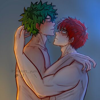 Rule 34 | abs, anal, boku no hero academia, bones (company), comforting, completely nude, crying, curly hair, freckles, green hair, highres, messy hair, midoriya izuku, multicolored hair, nude, pectorals, red hair, scar, sex, shounen jump, snailors yum13, tears, tododeku, todoroki shoto, two-tone hair, white hair, yaoi