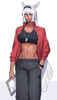 1girl alternate_costume animal_ears black_hairband black_sports_bra blue_eyes blunt_sidelocks body_markings breasts caenis_(fate) chest_tattoo clipboard cowboy_shot dark-skinned_female dark_skin dog_tags fate/grand_order fate_(series) grey_pants hair_intakes hair_over_shoulder hairband hand_in_pocket hand_on_own_chest high_ponytail highres holding holding_own_hair horse_ears jacket large_breasts long_hair looking_past_viewer midriff navel open_mouth pants ponytail red_jacket sabamori shirt sidelocks sleeves_pushed_up smile solo sports_bra stomach_tattoo tattoo watch white_hair wristwatch