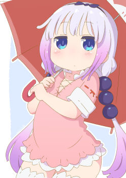 1girl beads blue_background blue_eyes border commentary_request cowboy_shot expressionless hair_beads hair_ornament hands_up highres holding holding_umbrella kanna_kamui kobayashi-san_chi_no_maidragon lace-trimmed_sleeves lace_trim long_hair looking_at_viewer outline red_shirt samansa_ex shirt slit_pupils solo sphere_hair_ornament thighhighs twintails umbrella white_border white_outline