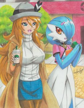 absurdres alternate_color black_pantyhose blonde_hair gardevoir gen_3_pokemon highres long_hair nintendo pantyhose pokemon pokemon_xy ravernclouk_design serena_(pokemon) shiny_pokemon shirt white_shirt