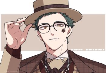 1boy absurdres arm_up black-framed_eyewear black_necktie boater_hat brown_eyes brown_jacket club_(shape) collared_shirt commentary_request facial_mark glasses green_hair hag_imglog happy_birthday hat highres jacket male_focus necktie open_clothes open_jacket parted_lips shirt short_hair solo trey_clover twisted_wonderland upper_body white_shirt